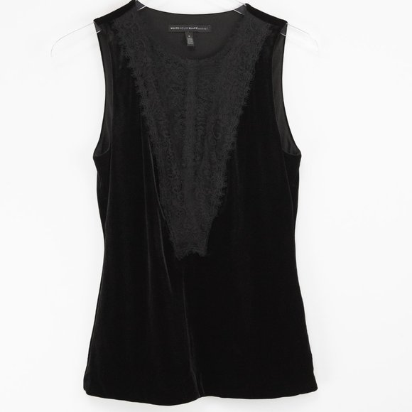 White House Black Market Velvet Shell Top Lace Inset Sleeveless Shirt Size Small - Picture 2 of 7
